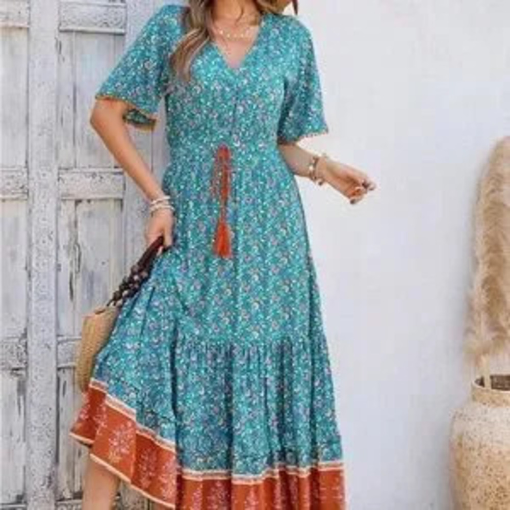Floral Teal and Orange Maxi Dress boho maxi - Picture 3 of 5